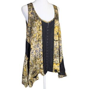 Allen Schwartz yellow & black floral hook eye sharkbite sleeveless swing top M